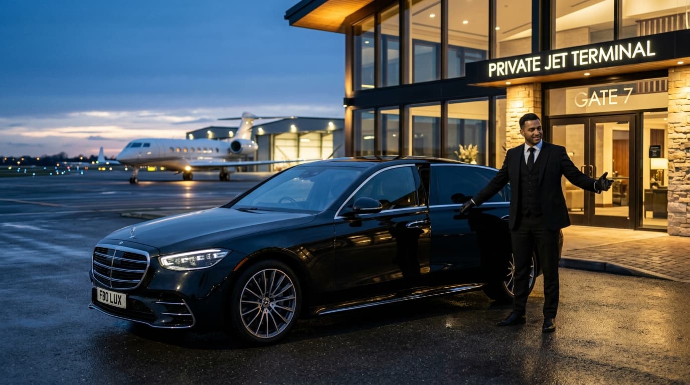 LimoCrest Master Chauffeur on private aviation tarmac