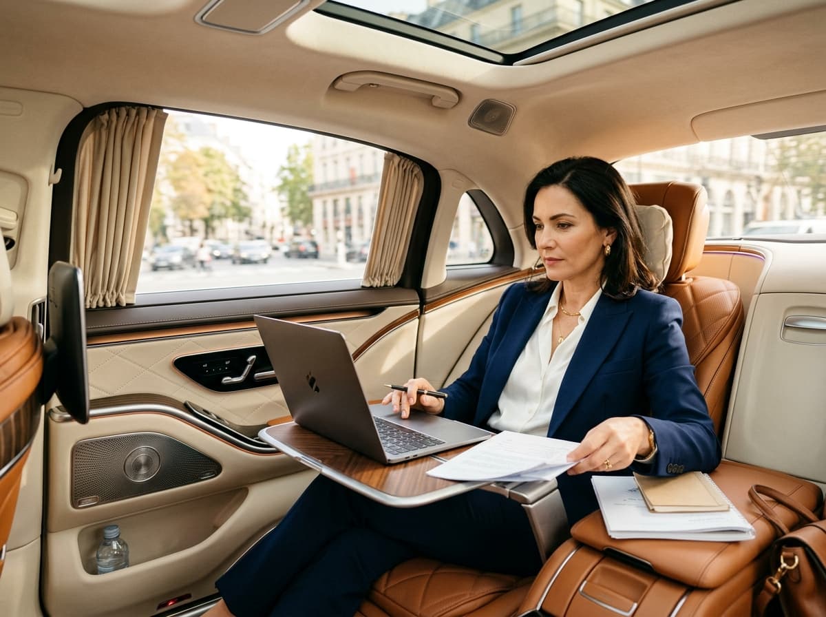 Executive passenger traveling in luxury chauffeur vehicle