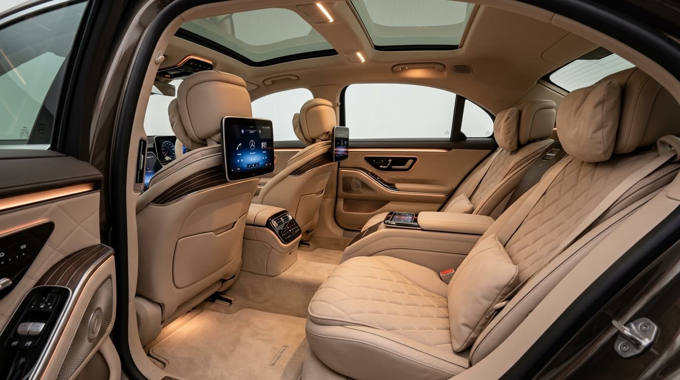 Executive traveling comfortably in luxury rear cabin
